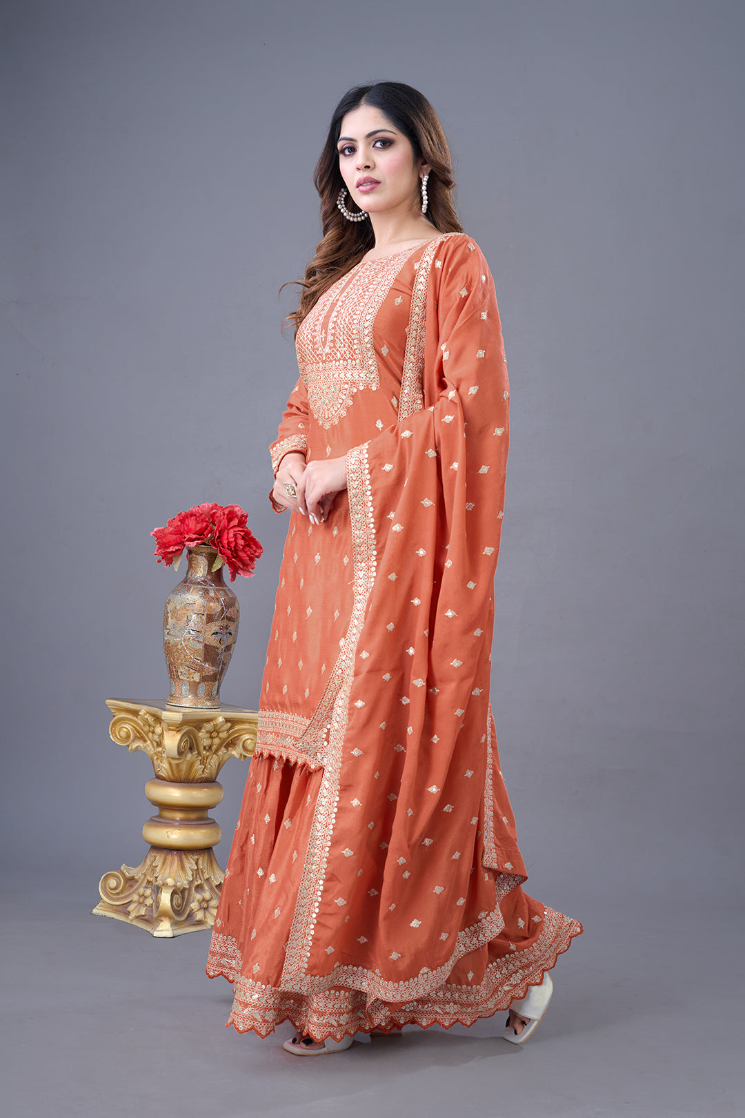 Exquisite Chinon Silk Heavy Sequins Embroidered Top Sharara Suit - ETHNICDEAL