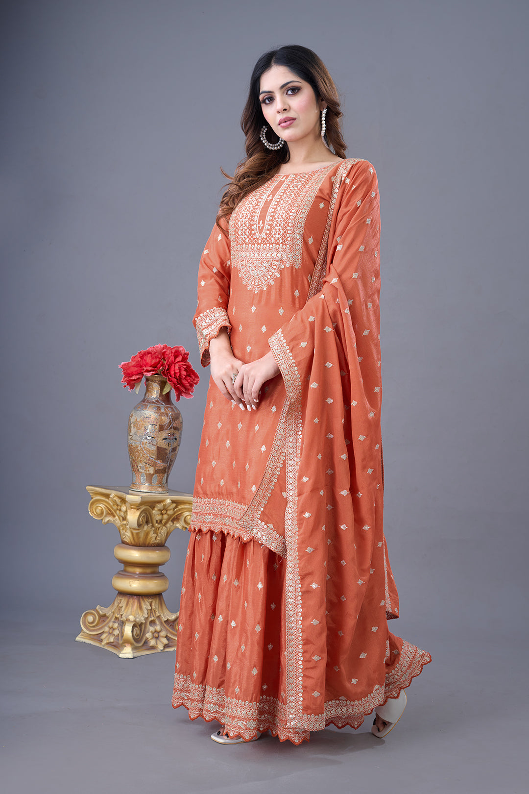 Exquisite Chinon Silk Heavy Sequins Embroidered Top Sharara Suit - ETHNICDEAL