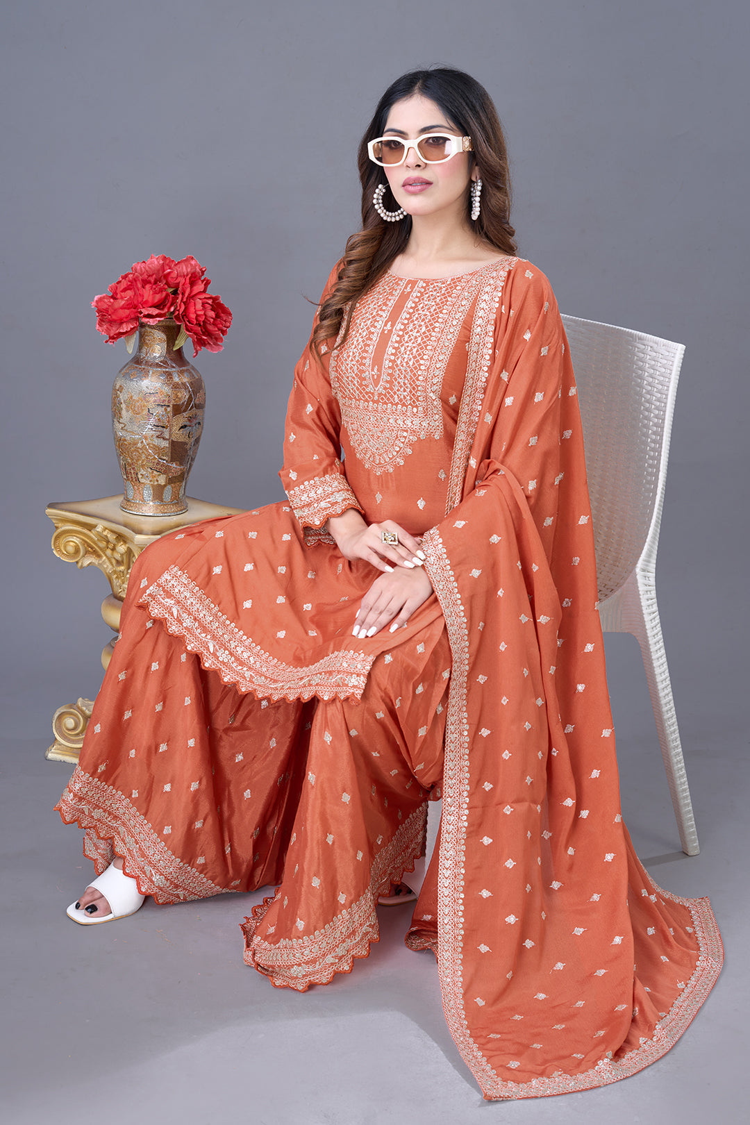 Exquisite Chinon Silk Heavy Sequins Embroidered Top Sharara Suit - ETHNICDEAL