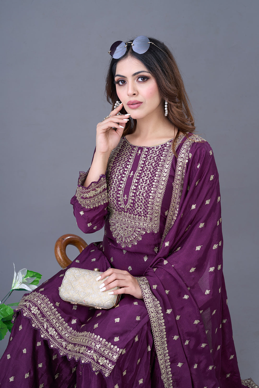 Exquisite Chinon Silk Heavy Sequins Embroidered Top Sharara Suit - ETHNICDEAL