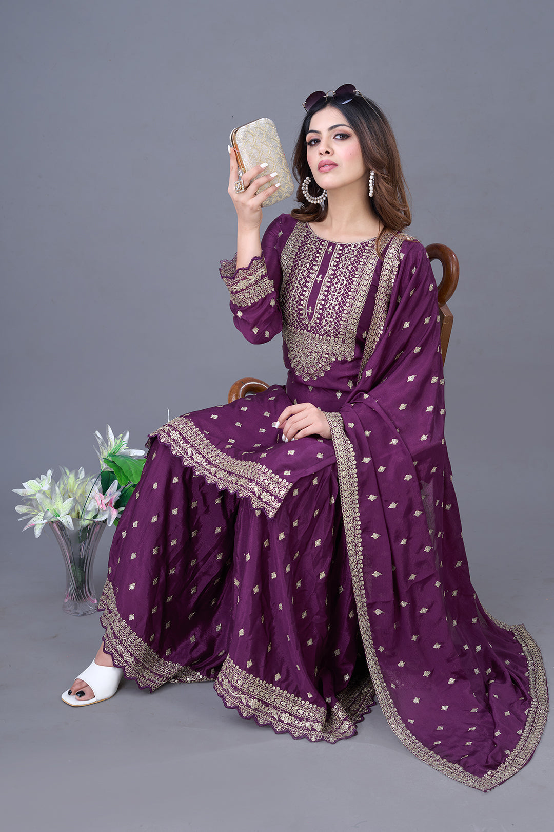 Exquisite Chinon Silk Heavy Sequins Embroidered Top Sharara Suit - ETHNICDEAL