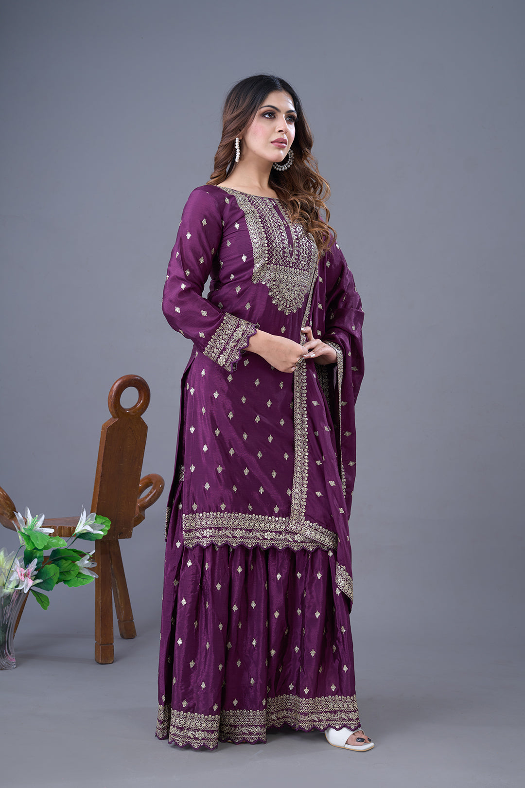 Exquisite Chinon Silk Heavy Sequins Embroidered Top Sharara Suit - ETHNICDEAL