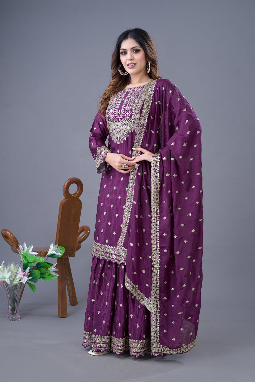 Exquisite Chinon Silk Heavy Sequins Embroidered Top Sharara Suit - ETHNICDEAL