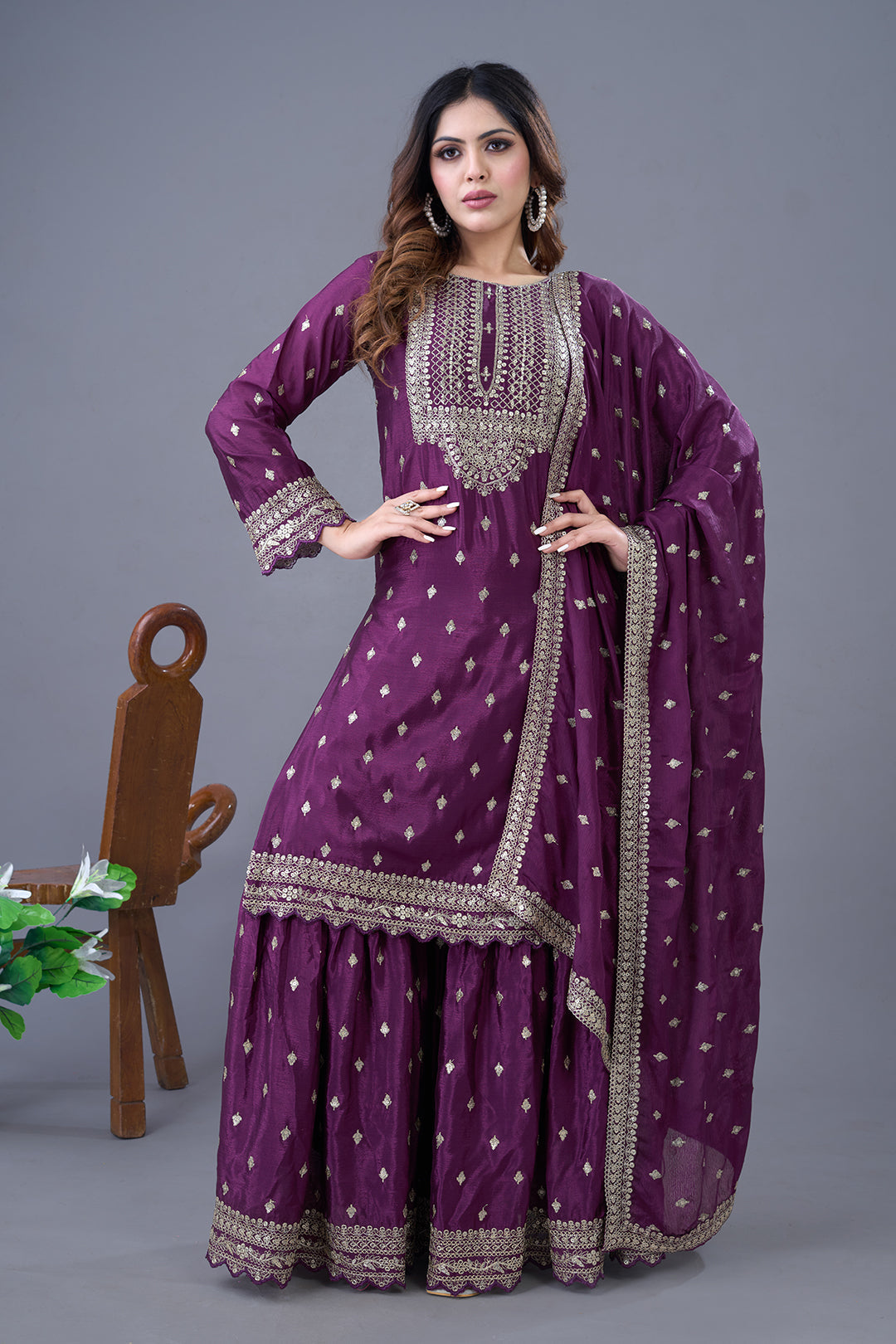 Exquisite Chinon Silk Heavy Sequins Embroidered Top Sharara Suit - ETHNICDEAL