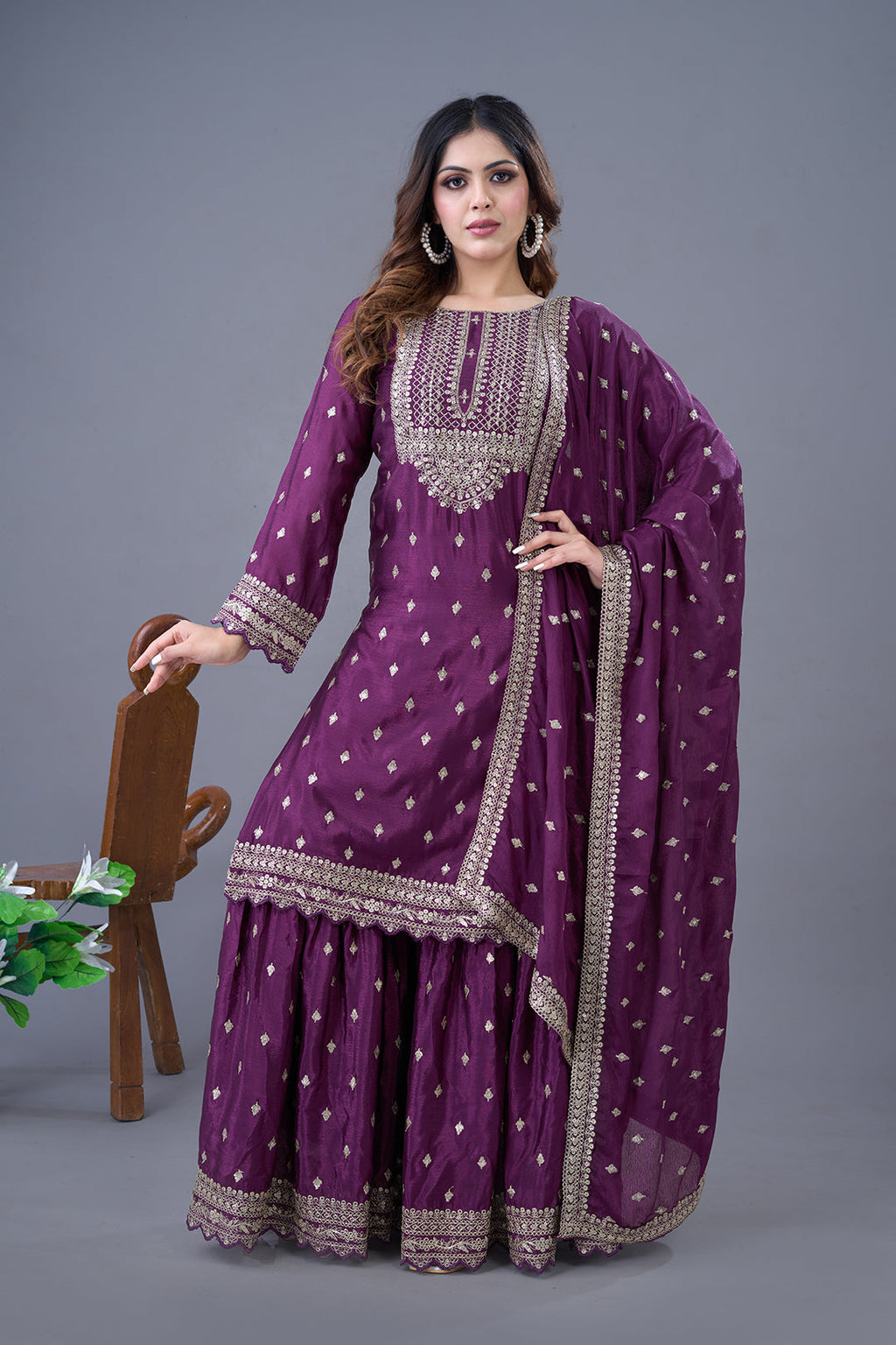 Exquisite Chinon Silk Heavy Sequins Embroidered Top Sharara Suit - ETHNICDEAL