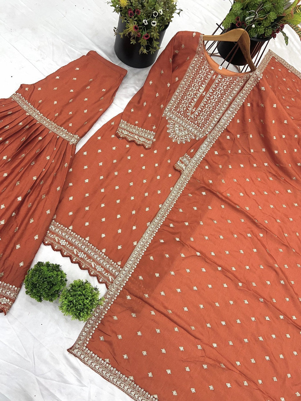 Exquisite Chinon Silk Heavy Sequins Embroidered Top Sharara Suit - ETHNICDEAL