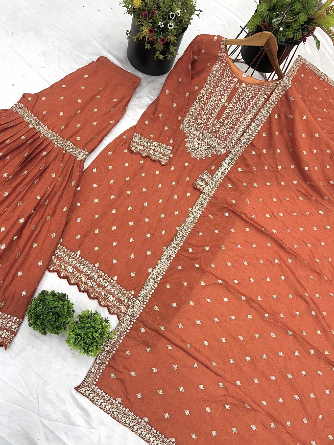 Exquisite Chinon Silk Heavy Sequins Embroidered Top Sharara Suit - ETHNICDEAL