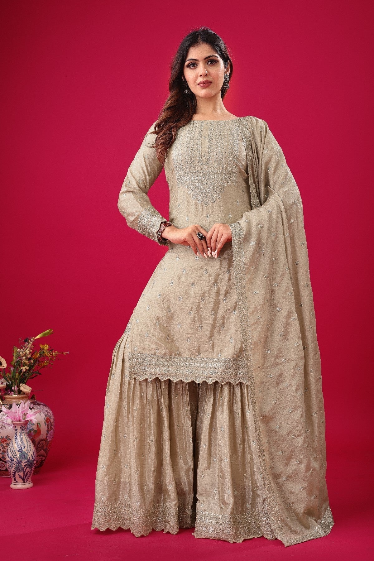 Exquisite Chinon Silk Heavy Sequins Embroidered Top Sharara Suit - ETHNICDEAL