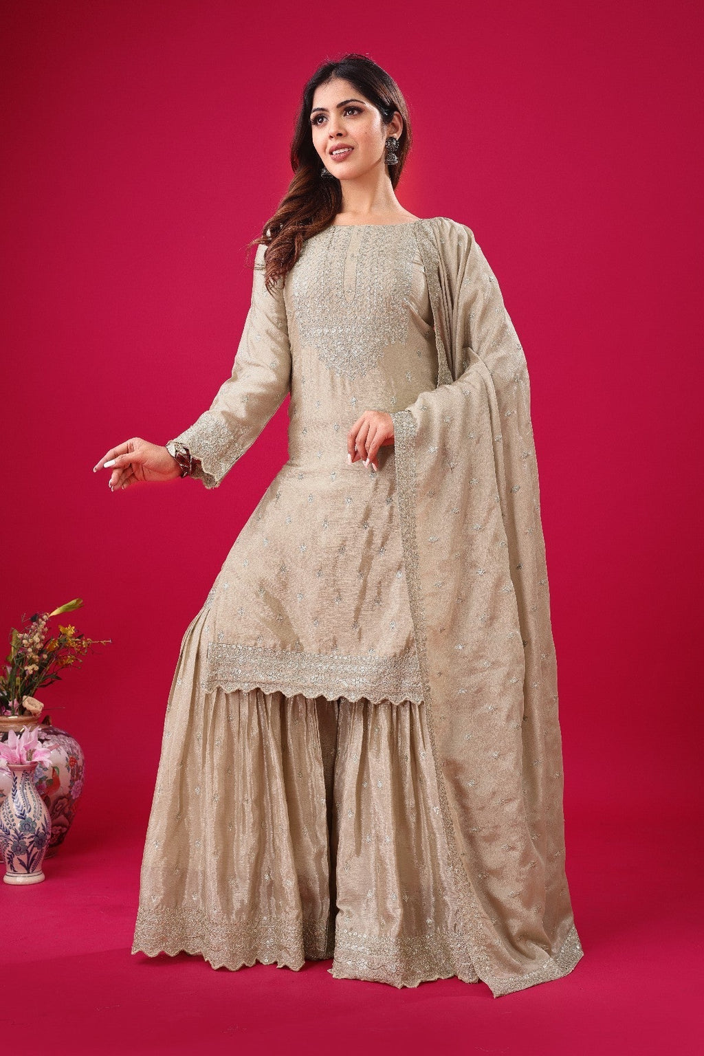 Exquisite Chinon Silk Heavy Sequins Embroidered Top Sharara Suit - ETHNICDEAL