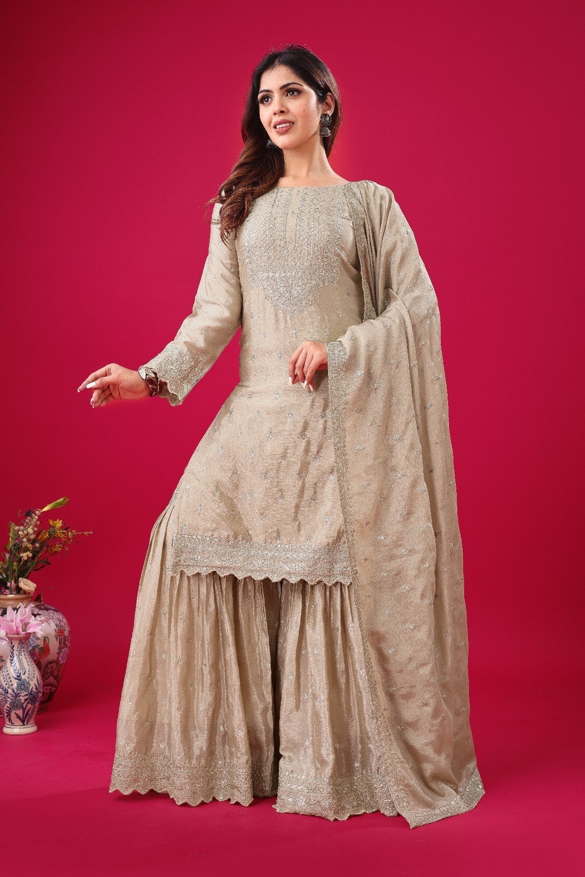 Exquisite Chinon Silk Heavy Sequins Embroidered Top Sharara Suit - ETHNICDEAL