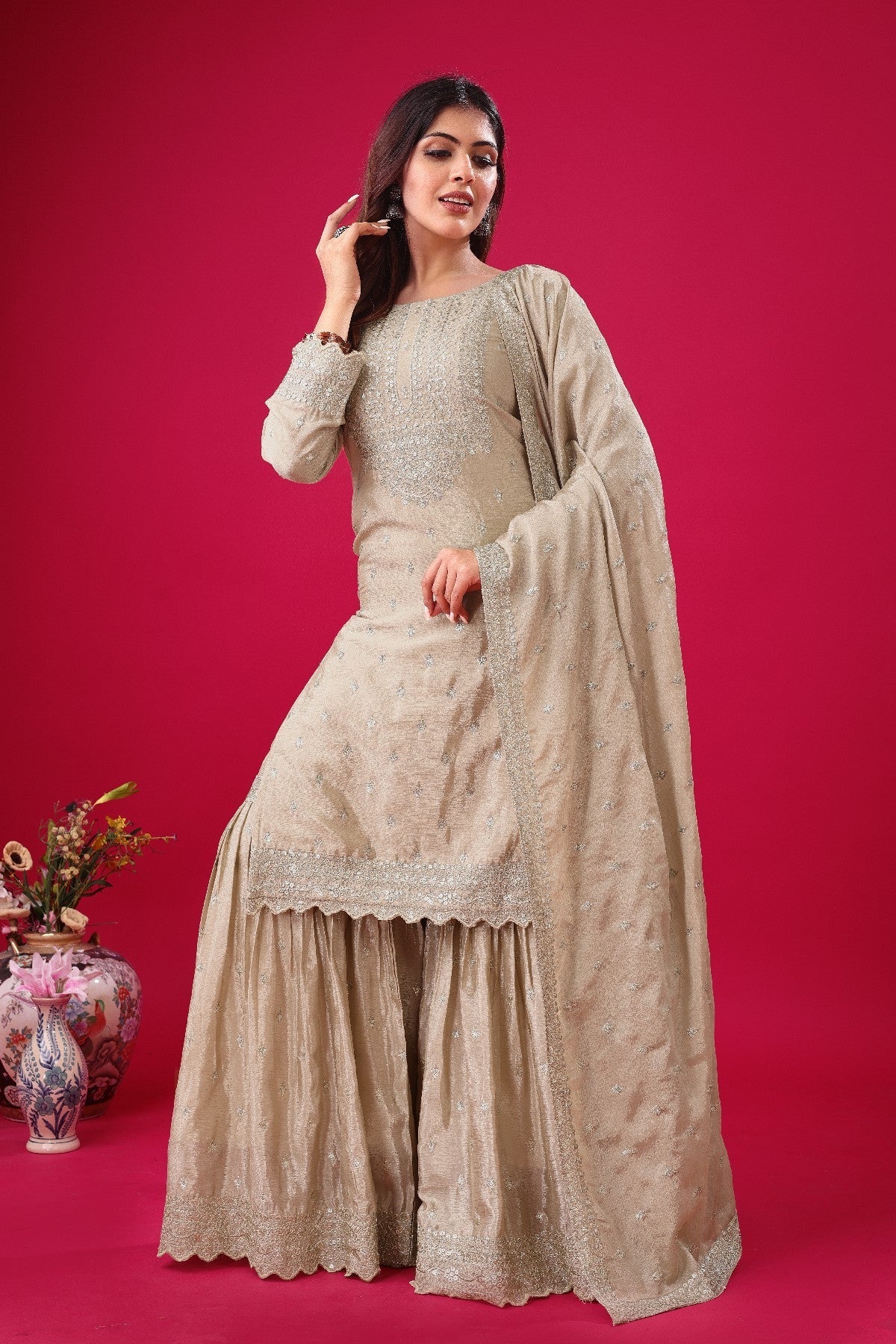 Exquisite Chinon Silk Heavy Sequins Embroidered Top Sharara Suit - ETHNICDEAL