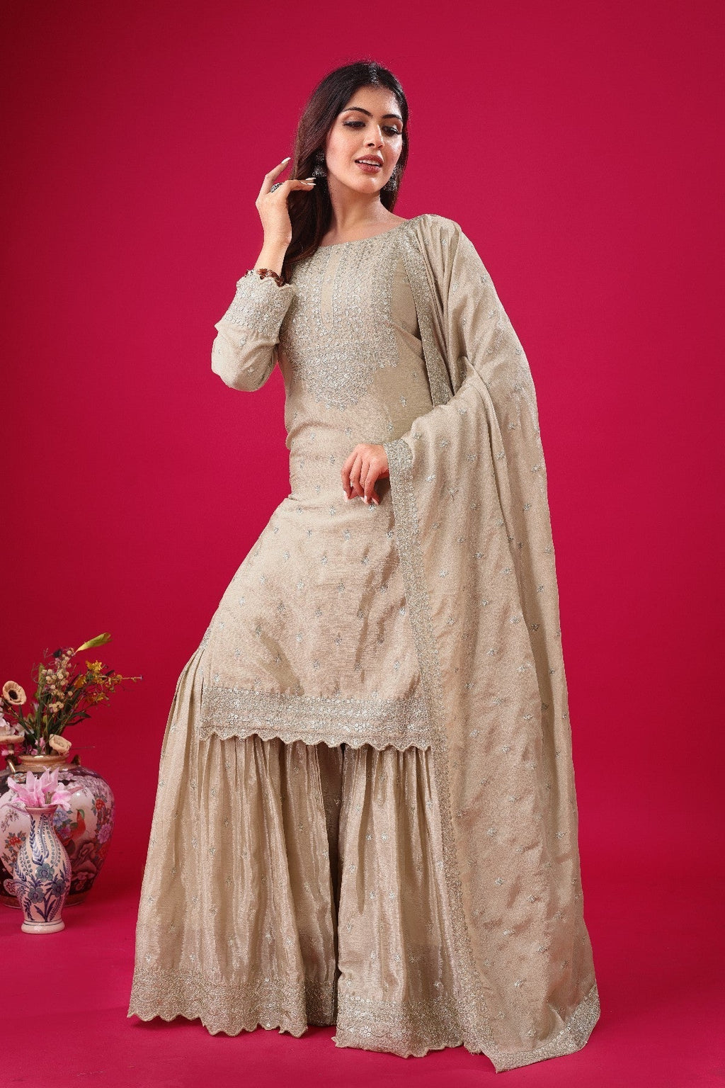 Exquisite Chinon Silk Heavy Sequins Embroidered Top Sharara Suit - ETHNICDEAL