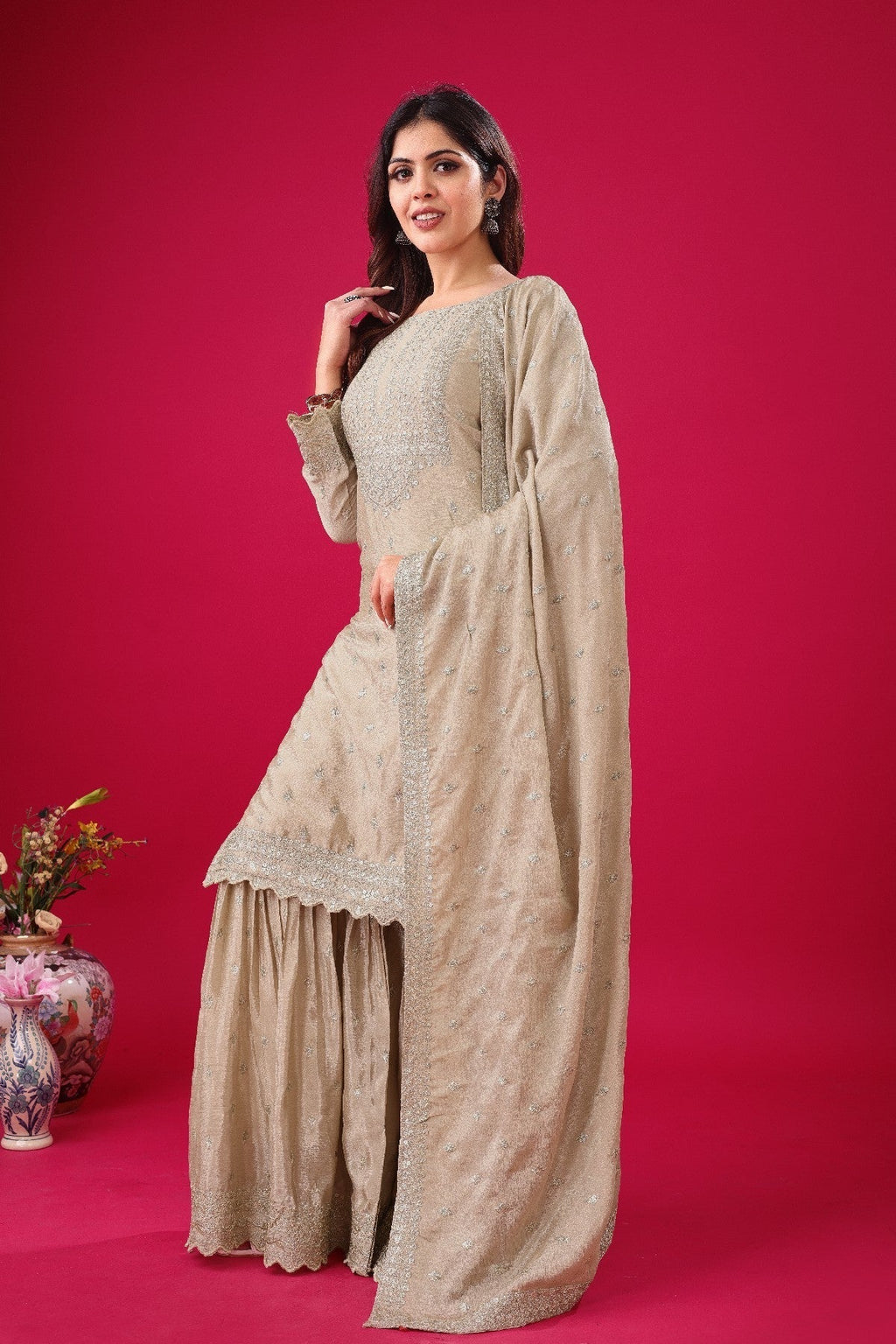 Exquisite Chinon Silk Heavy Sequins Embroidered Top Sharara Suit - ETHNICDEAL