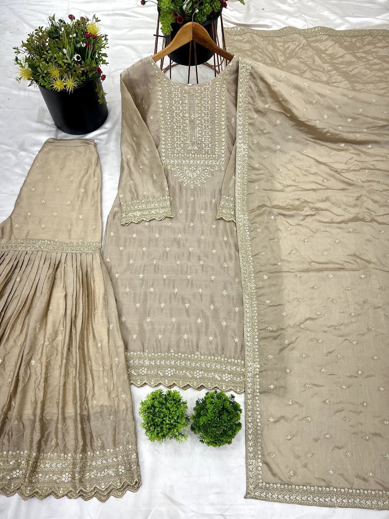 Exquisite Chinon Silk Heavy Sequins Embroidered Top Sharara Suit - ETHNICDEAL