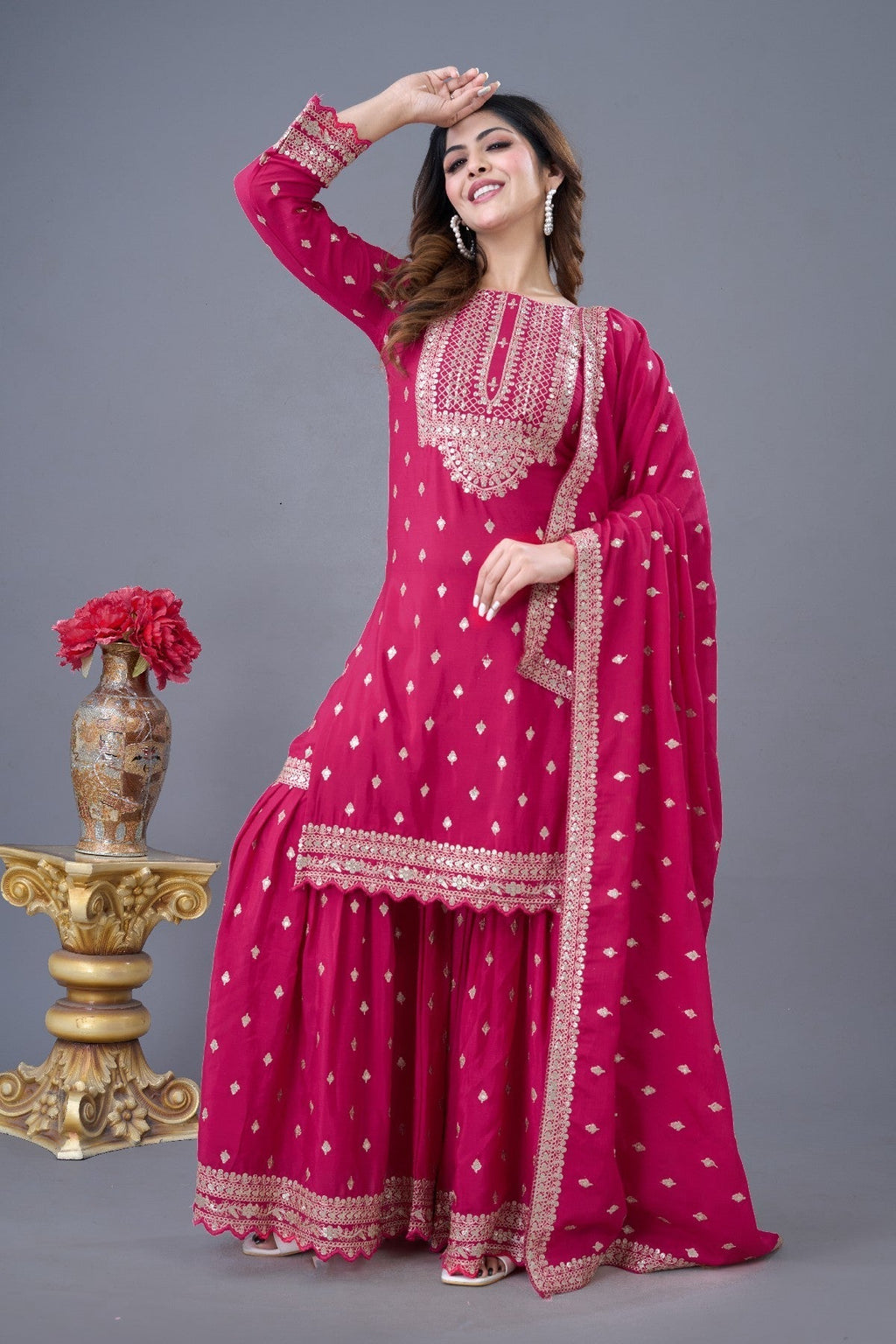 Exquisite Chinon Silk Heavy Sequins Embroidered Top Sharara Suit - ETHNICDEAL