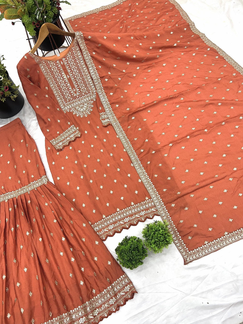 Exquisite Chinon Silk Heavy Sequins Embroidered Top Sharara Suit - ETHNICDEAL