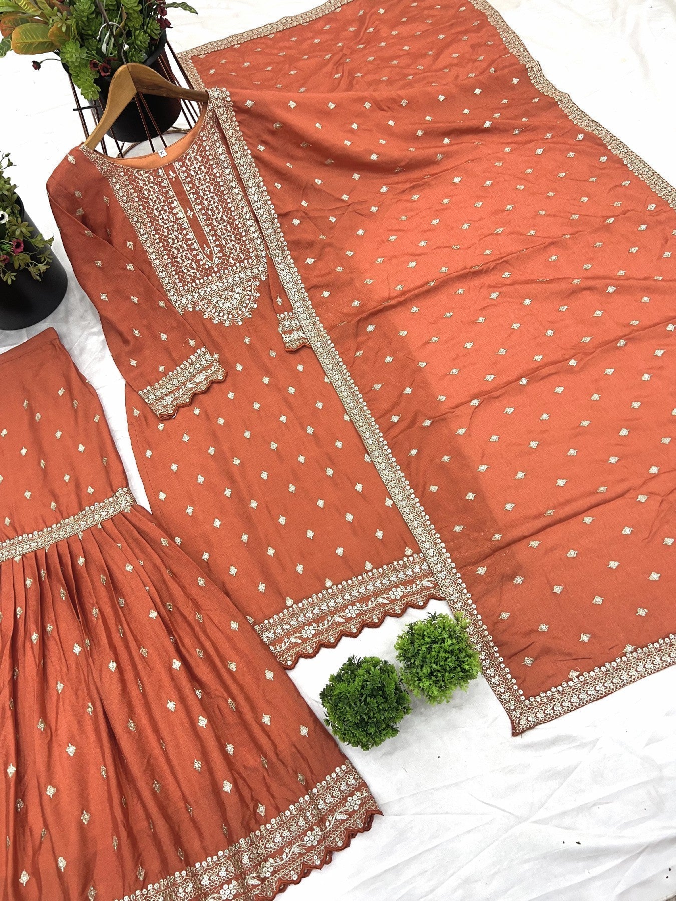 Exquisite Chinon Silk Heavy Sequins Embroidered Top Sharara Suit - ETHNICDEAL