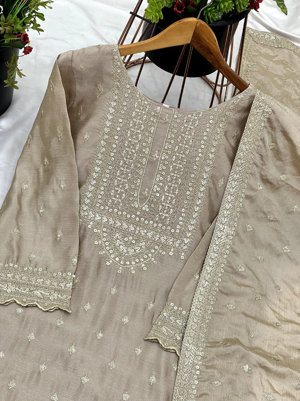 Exquisite Chinon Silk Heavy Sequins Embroidered Top Sharara Suit - ETHNICDEAL