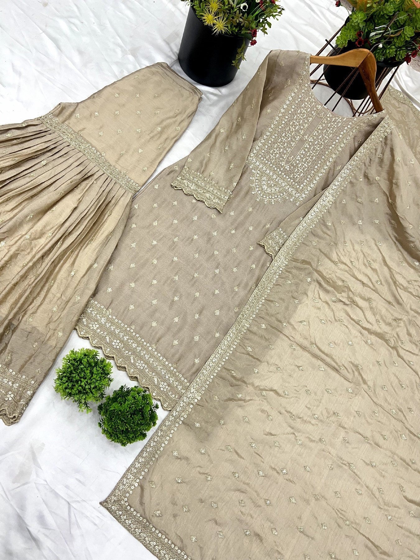 Exquisite Chinon Silk Heavy Sequins Embroidered Top Sharara Suit - ETHNICDEAL