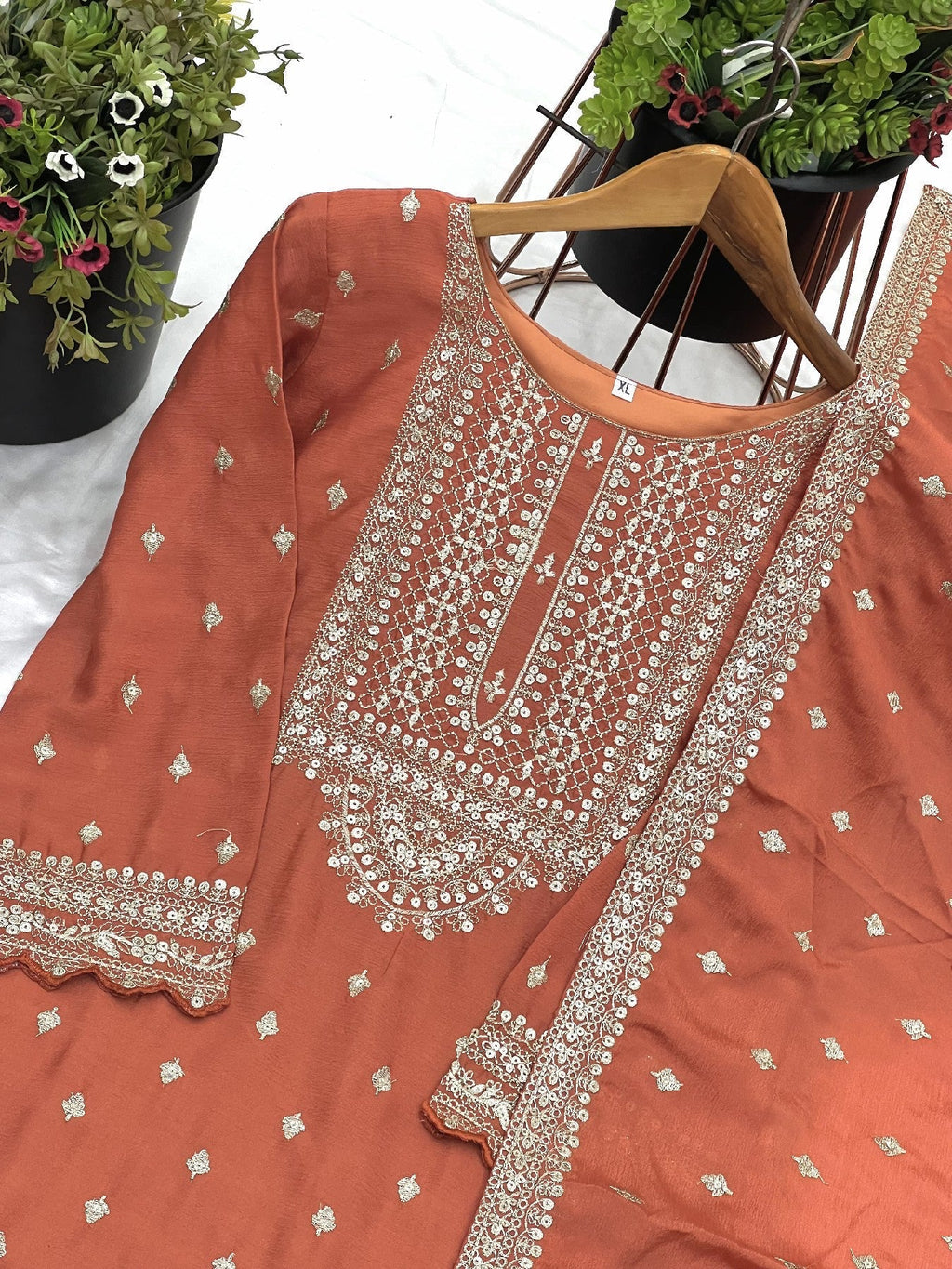 Exquisite Chinon Silk Heavy Sequins Embroidered Top Sharara Suit - ETHNICDEAL