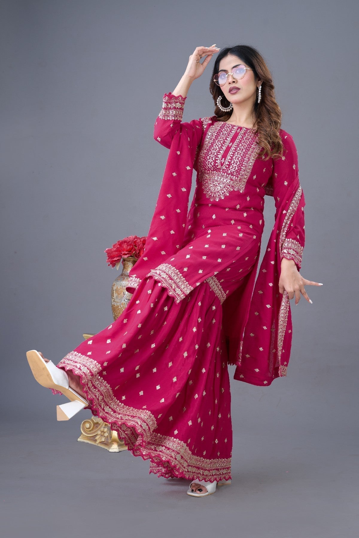 Exquisite Chinon Silk Heavy Sequins Embroidered Top Sharara Suit - ETHNICDEAL