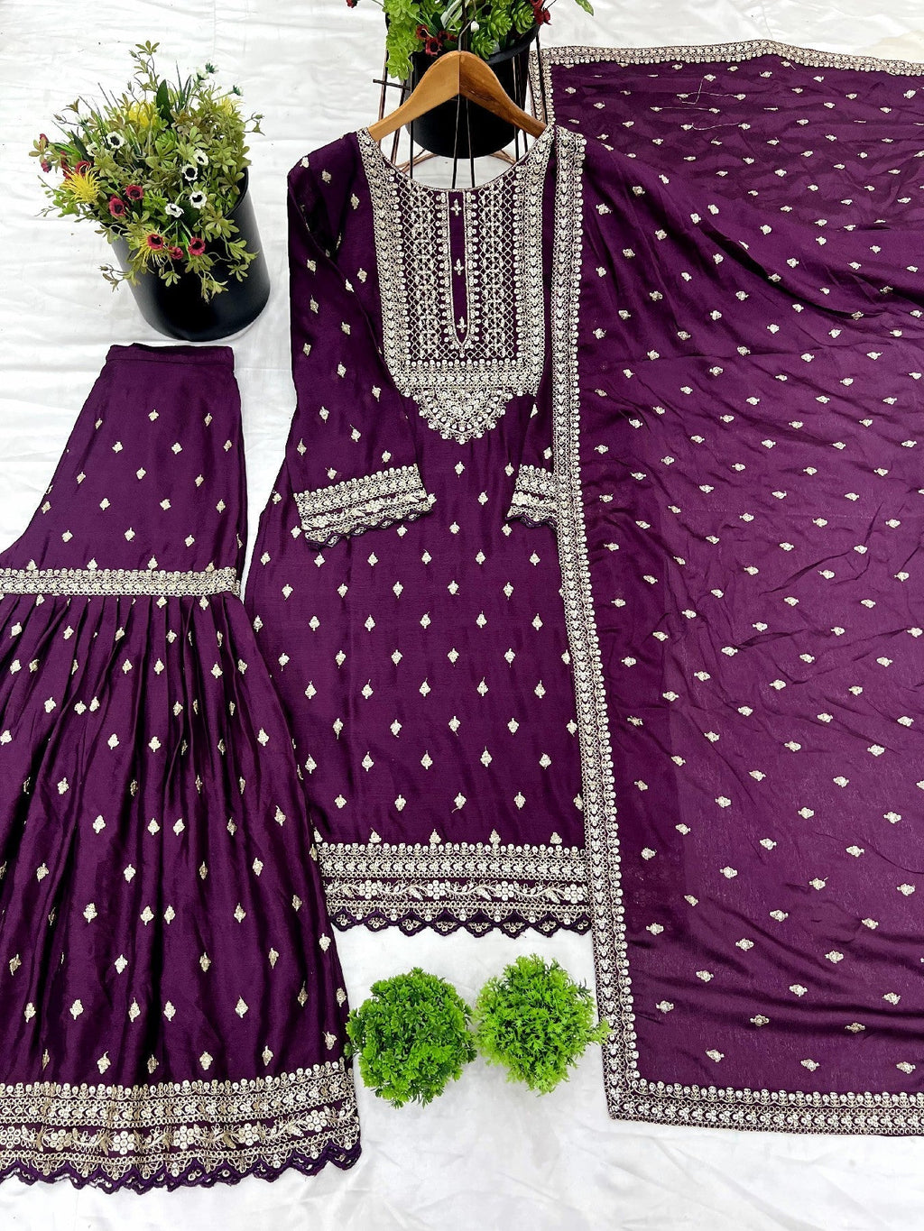 Exquisite Chinon Silk Heavy Sequins Embroidered Top Sharara Suit - ETHNICDEAL