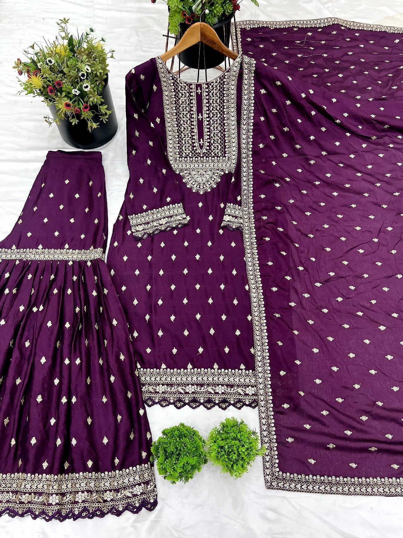 Exquisite Chinon Silk Heavy Sequins Embroidered Top Sharara Suit - ETHNICDEAL