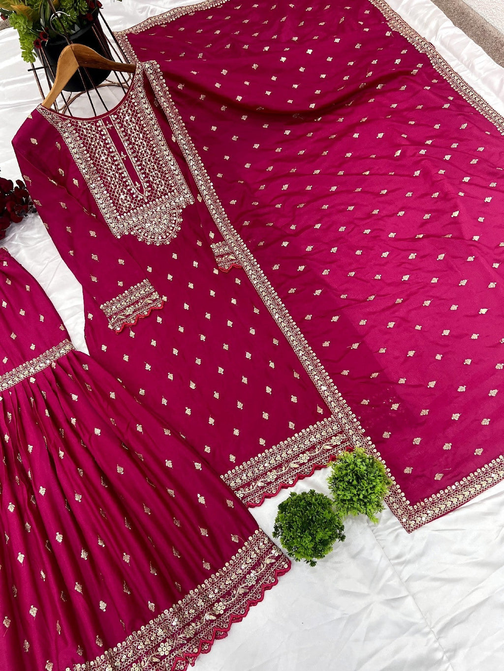 Exquisite Chinon Silk Heavy Sequins Embroidered Top Sharara Suit - ETHNICDEAL