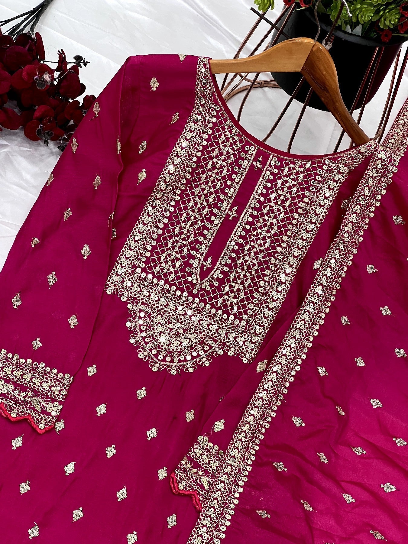 Exquisite Chinon Silk Heavy Sequins Embroidered Top Sharara Suit - ETHNICDEAL