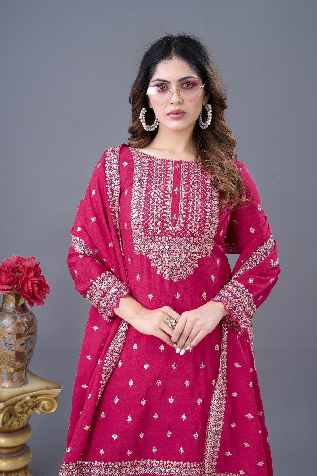 Exquisite Chinon Silk Heavy Sequins Embroidered Top Sharara Suit - ETHNICDEAL
