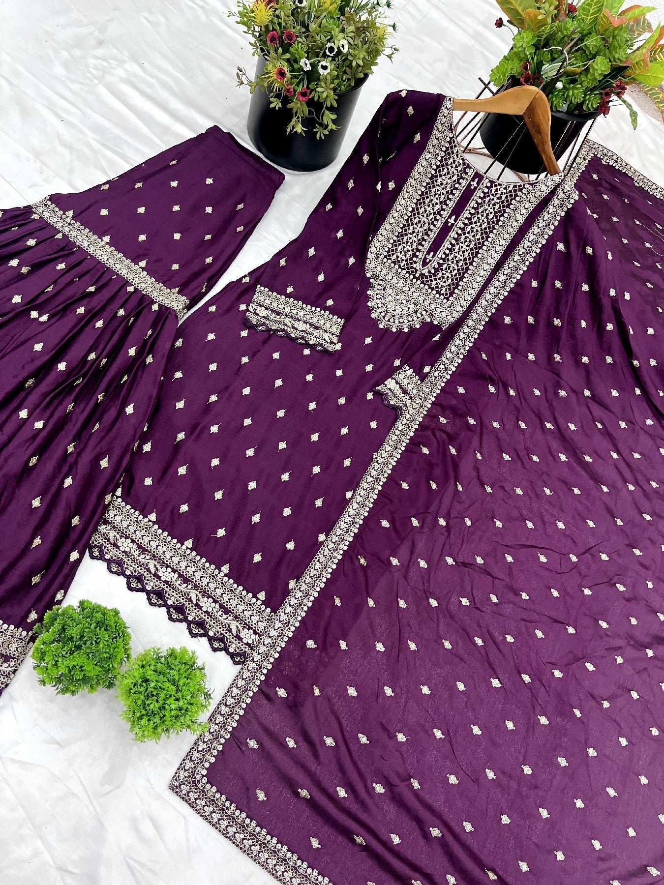 Exquisite Chinon Silk Heavy Sequins Embroidered Top Sharara Suit - ETHNICDEAL