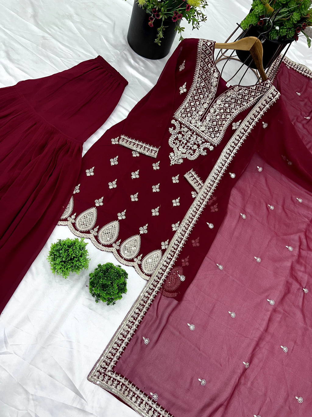 Resplendent Heavy Georgette Sequins Embroidered Top Sharara Suit - ETHNICDEAL