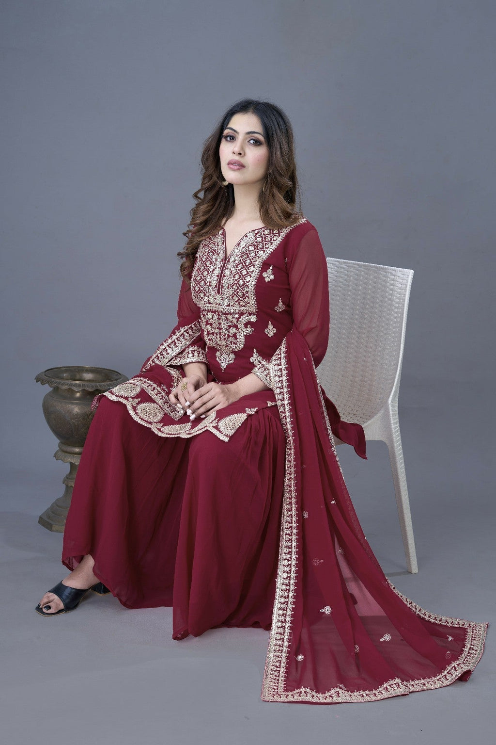 Resplendent Heavy Georgette Sequins Embroidered Top Sharara Suit - ETHNICDEAL