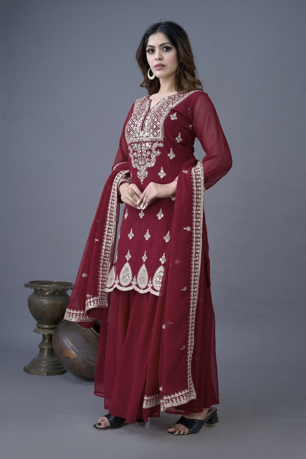 Resplendent Heavy Georgette Sequins Embroidered Top Sharara Suit - ETHNICDEAL