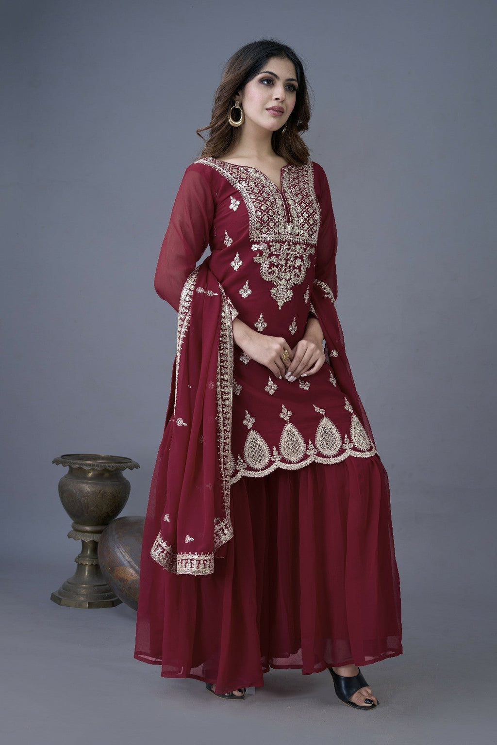 Resplendent Heavy Georgette Sequins Embroidered Top Sharara Suit - ETHNICDEAL