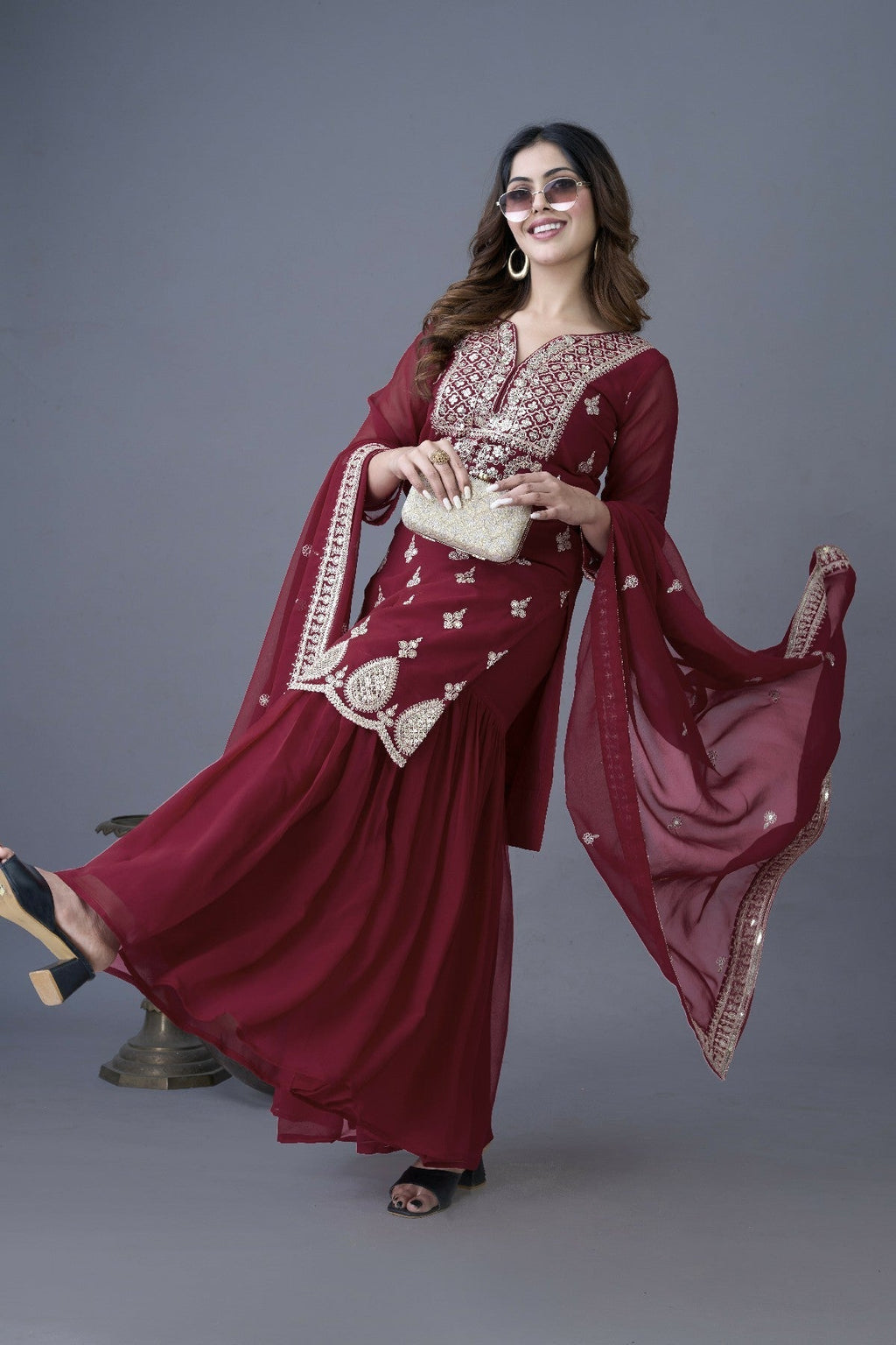 Resplendent Heavy Georgette Sequins Embroidered Top Sharara Suit - ETHNICDEAL