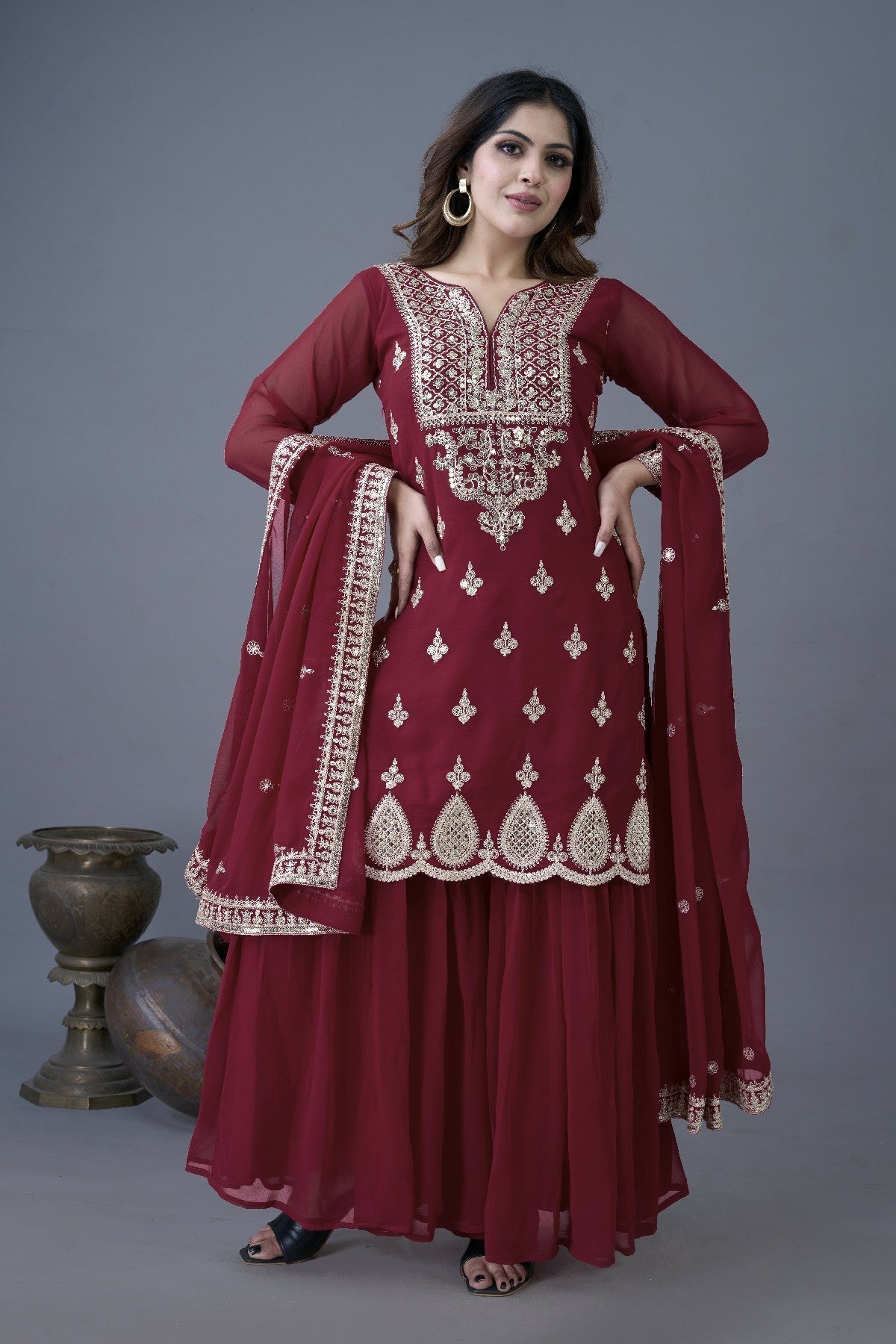 Resplendent Heavy Georgette Sequins Embroidered Top Sharara Suit - ETHNICDEAL