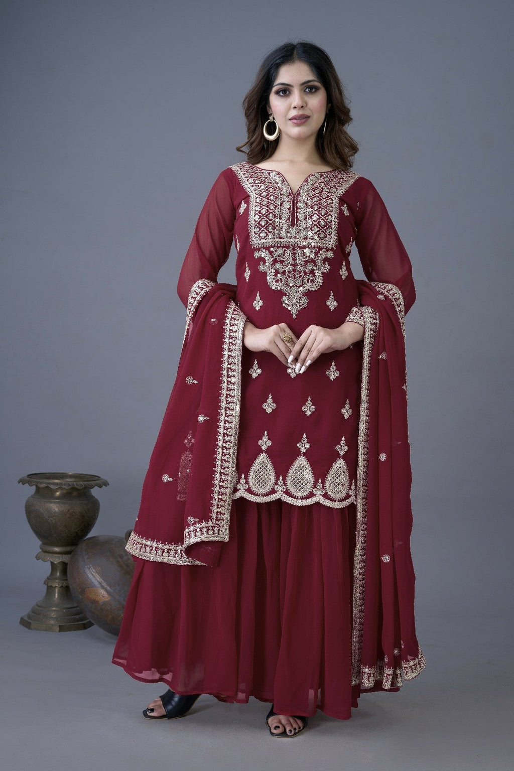 Resplendent Heavy Georgette Sequins Embroidered Top Sharara Suit - ETHNICDEAL