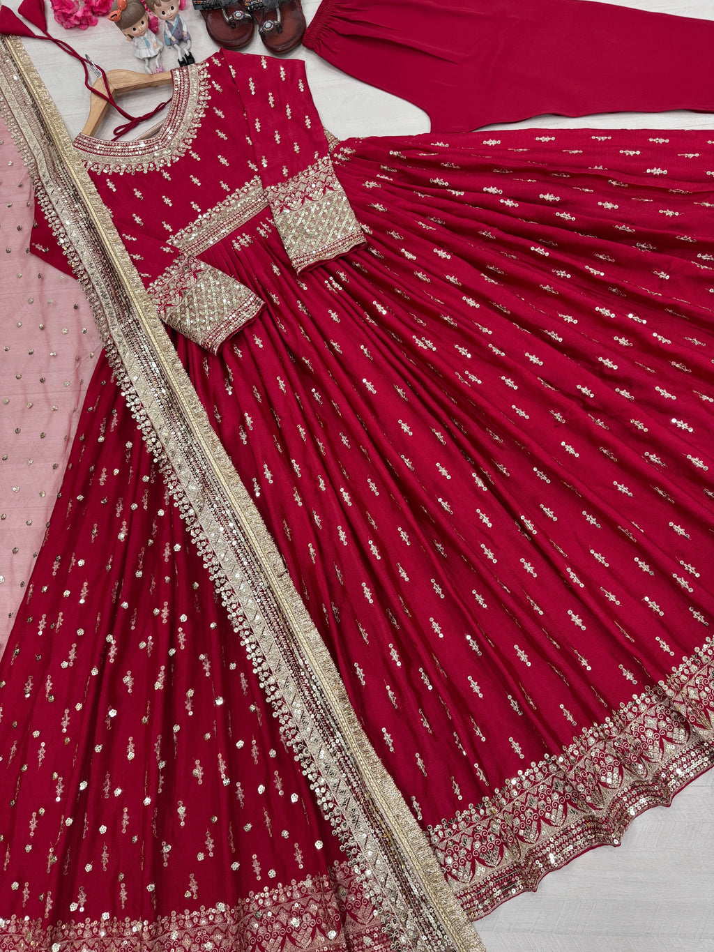 Festival Wear Pure Chinon Silk Sequins Embroidered Anarkali Pant Suit - ETHNICDEAL