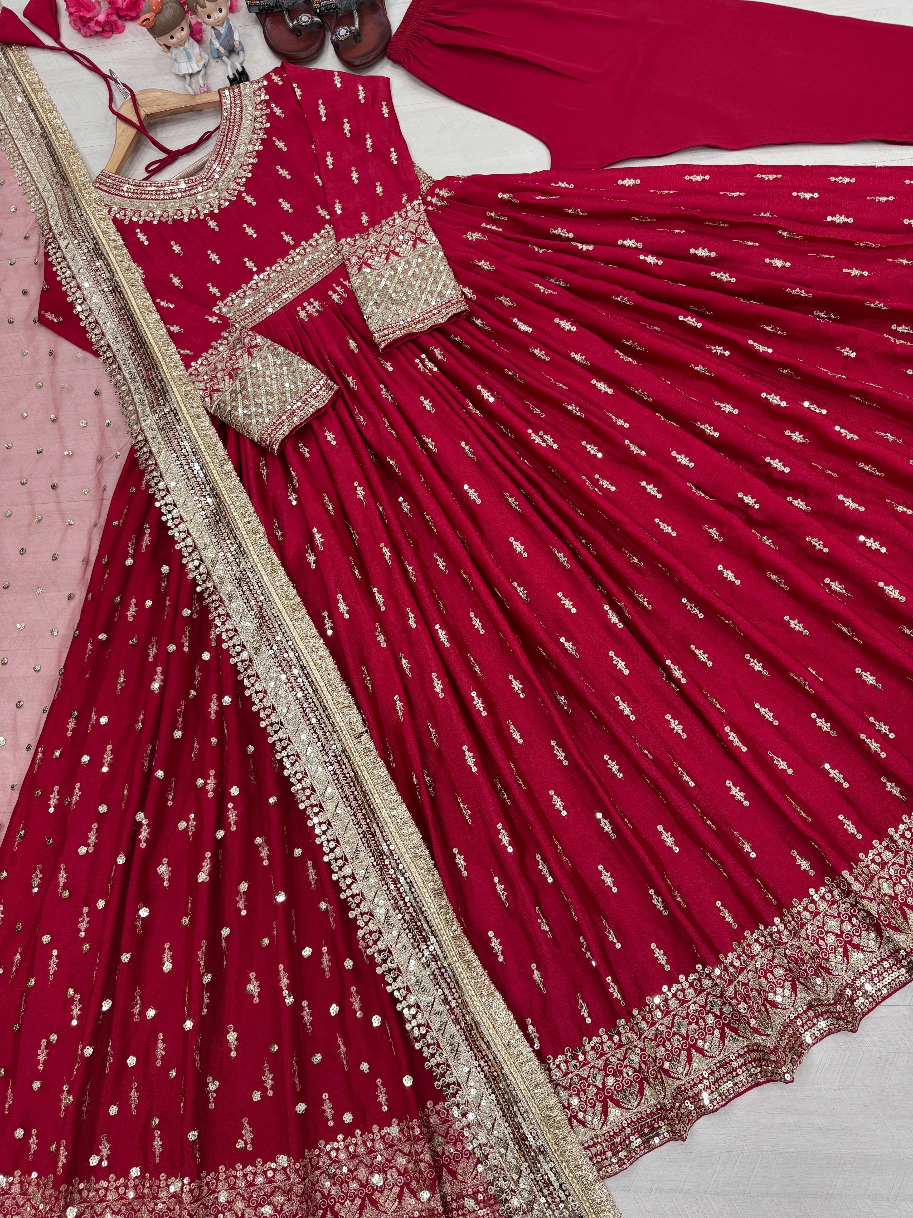 Festival Wear Pure Chinon Silk Sequins Embroidered Anarkali Pant Suit - ETHNICDEAL