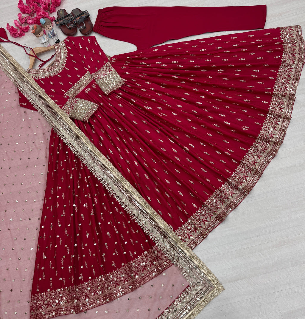 Festival Wear Pure Chinon Silk Sequins Embroidered Anarkali Pant Suit - ETHNICDEAL