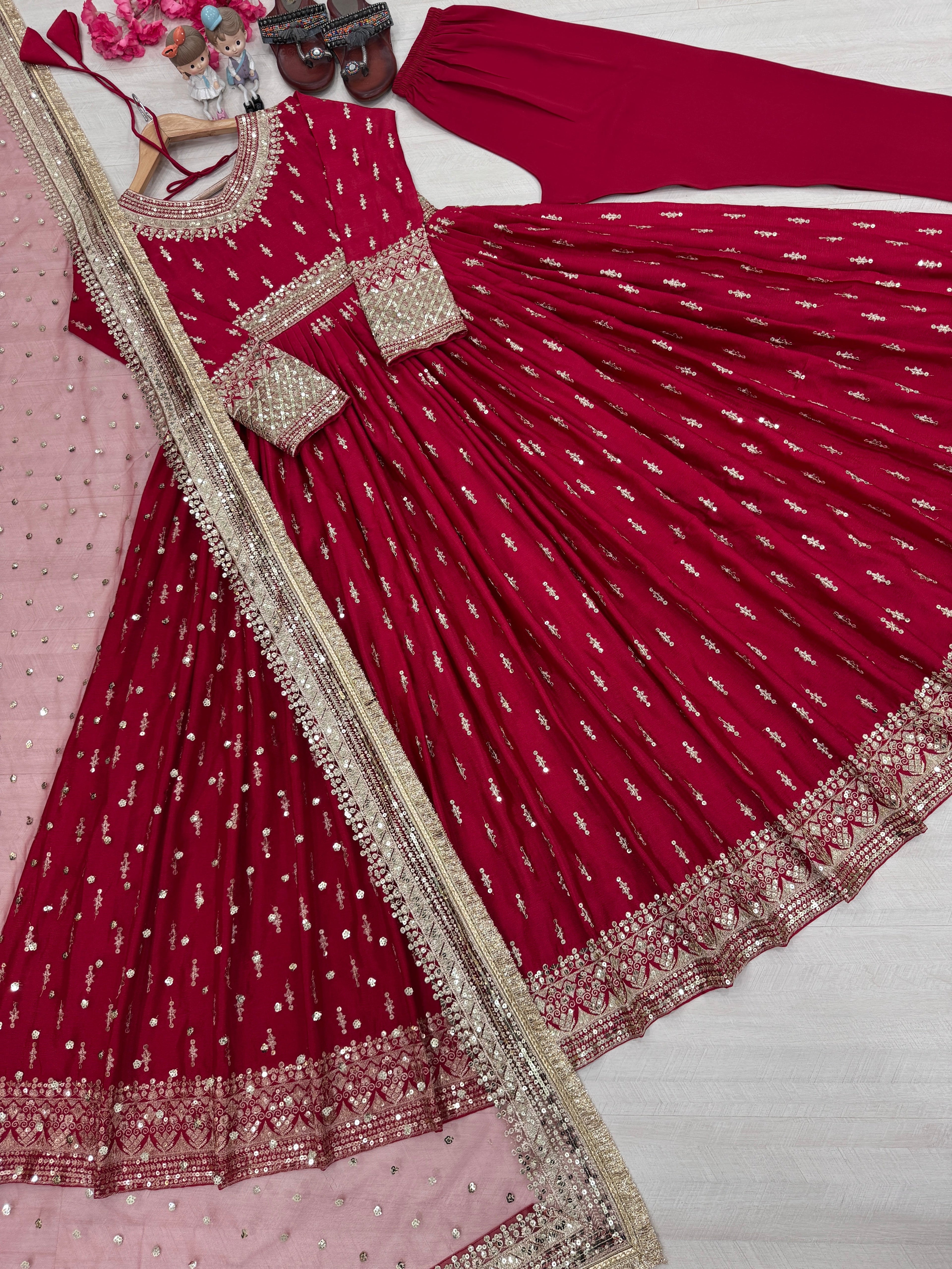 Festival Wear Pure Chinon Silk Sequins Embroidered Anarkali Pant Suit - ETHNICDEAL