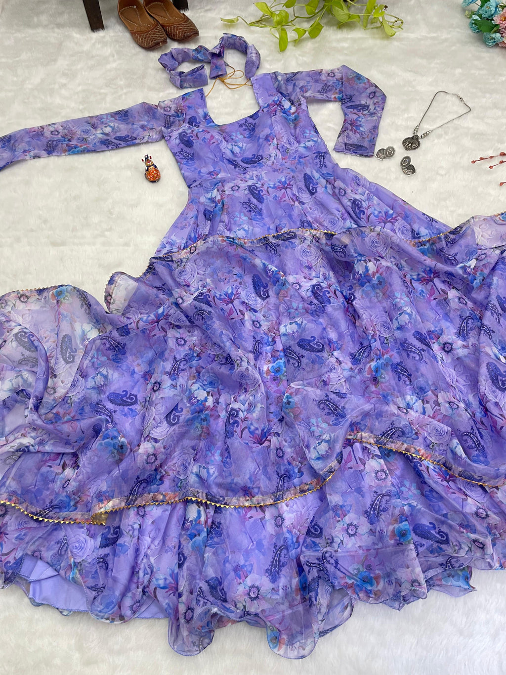 Spectacular Festive Wear Organza Sik Floral Digital Printed Gown - Ethnicwish