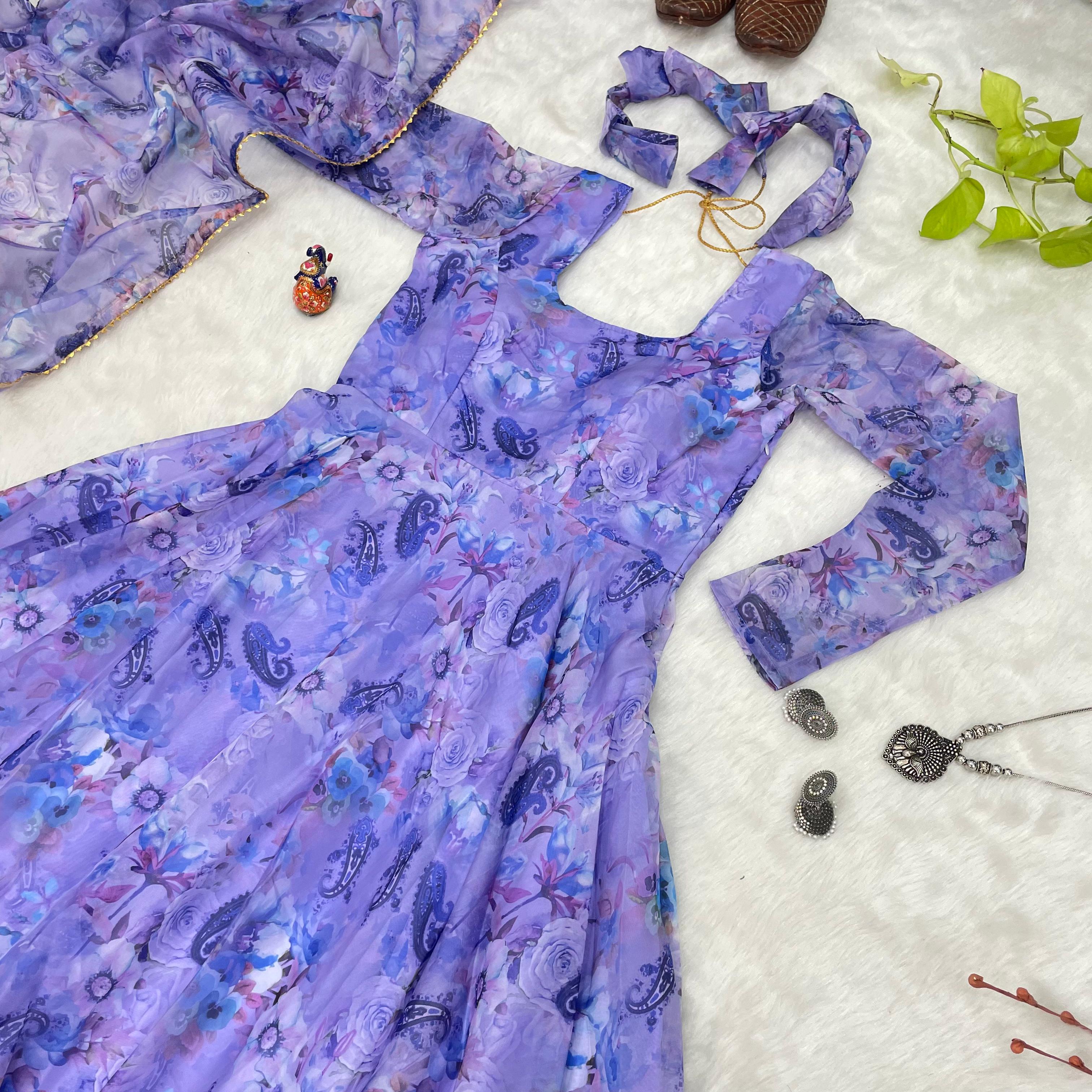 Spectacular Festive Wear Organza Sik Floral Digital Printed Gown - Ethnicwish