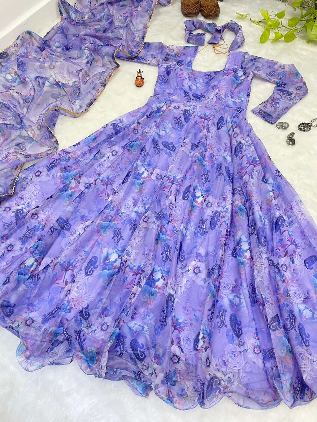 Spectacular Festive Wear Organza Sik Floral Digital Printed Gown - Ethnicwish