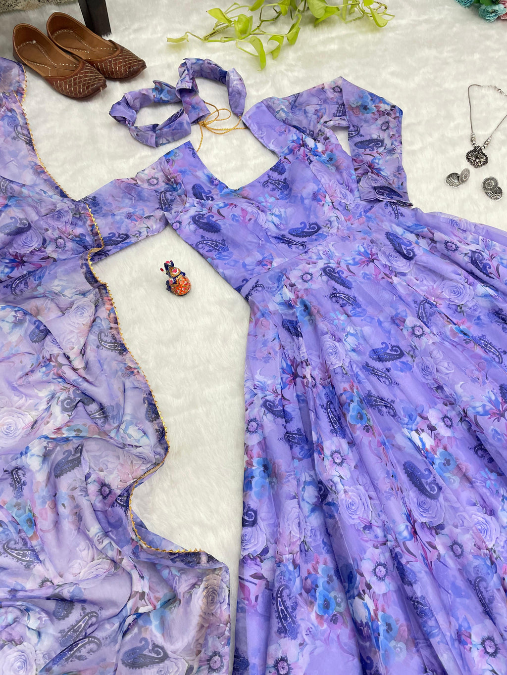 Spectacular Festive Wear Organza Sik Floral Digital Printed Gown - Ethnicwish