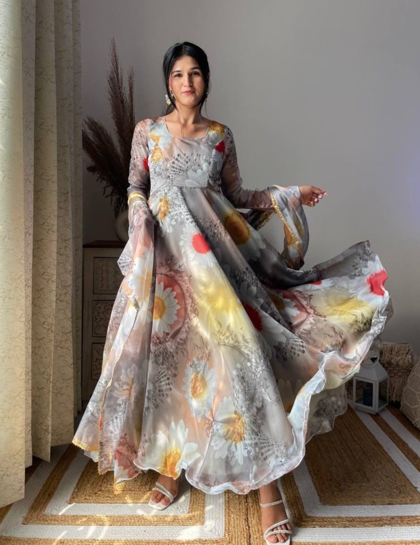 Magnificent Festive Wear Organza Sik Designer Gown With Dupatta - Ethnicwish