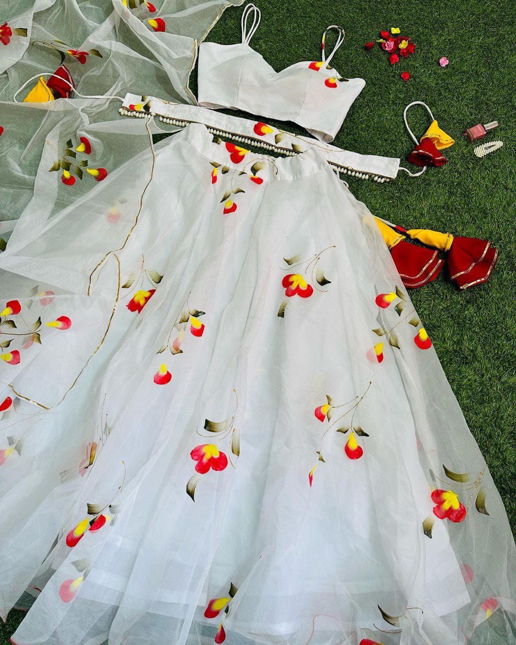 Arresting White Handprinted Organza Silk Lehenga Choli Set - Ethnicwish