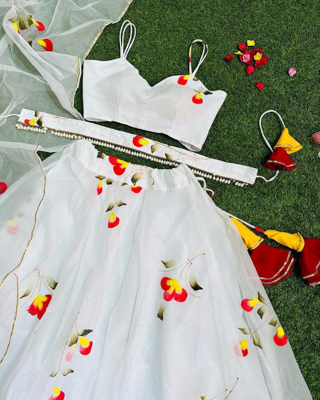 Arresting White Handprinted Organza Silk Lehenga Choli Set - Ethnicwish