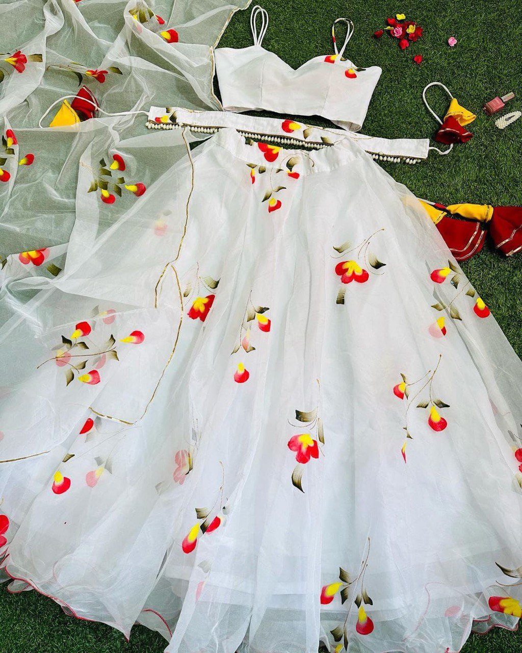 Arresting White Handprinted Organza Silk Lehenga Choli Set - Ethnicwish